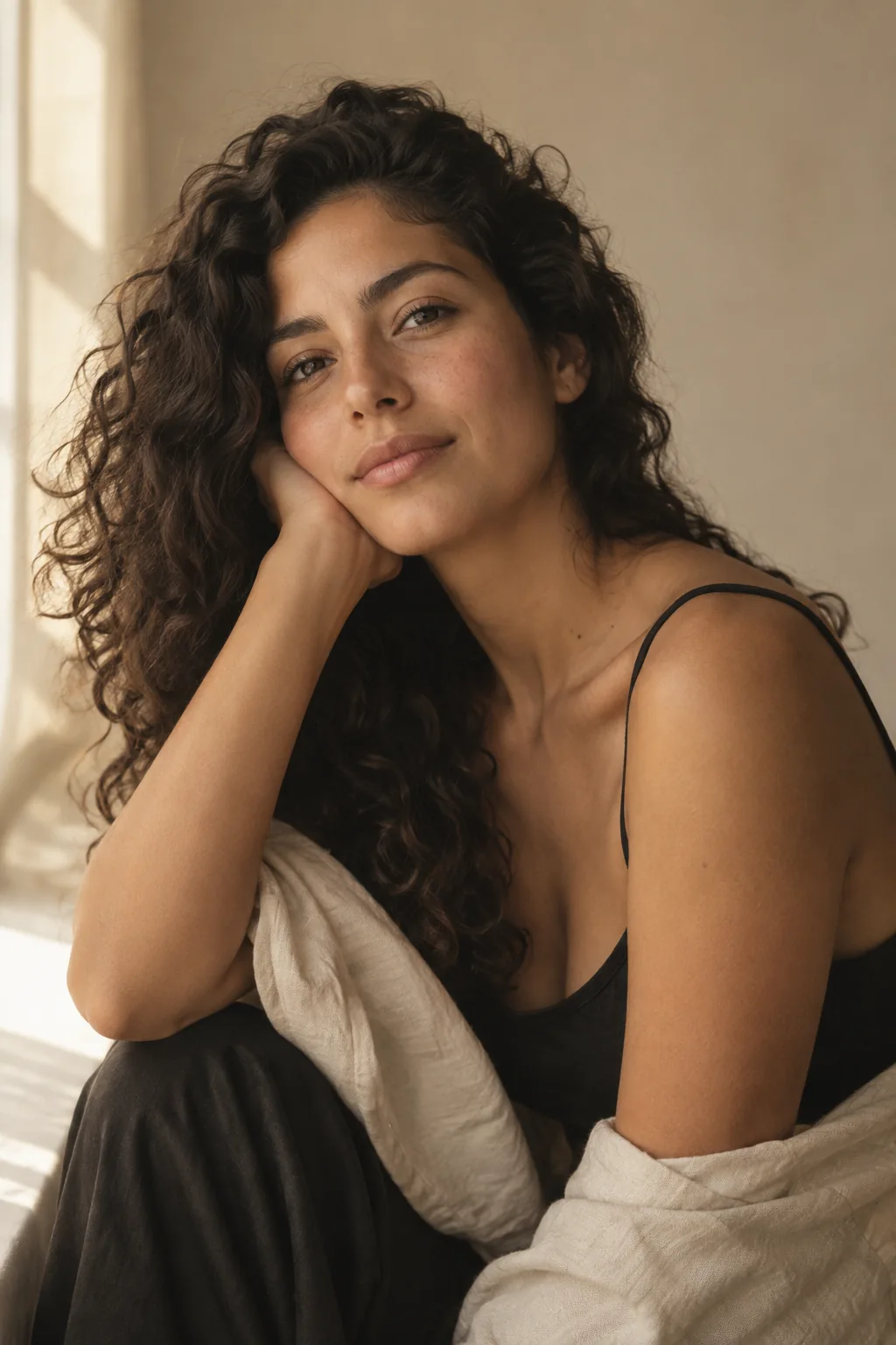 Retrato editorial de una mujer bajo luz natural
